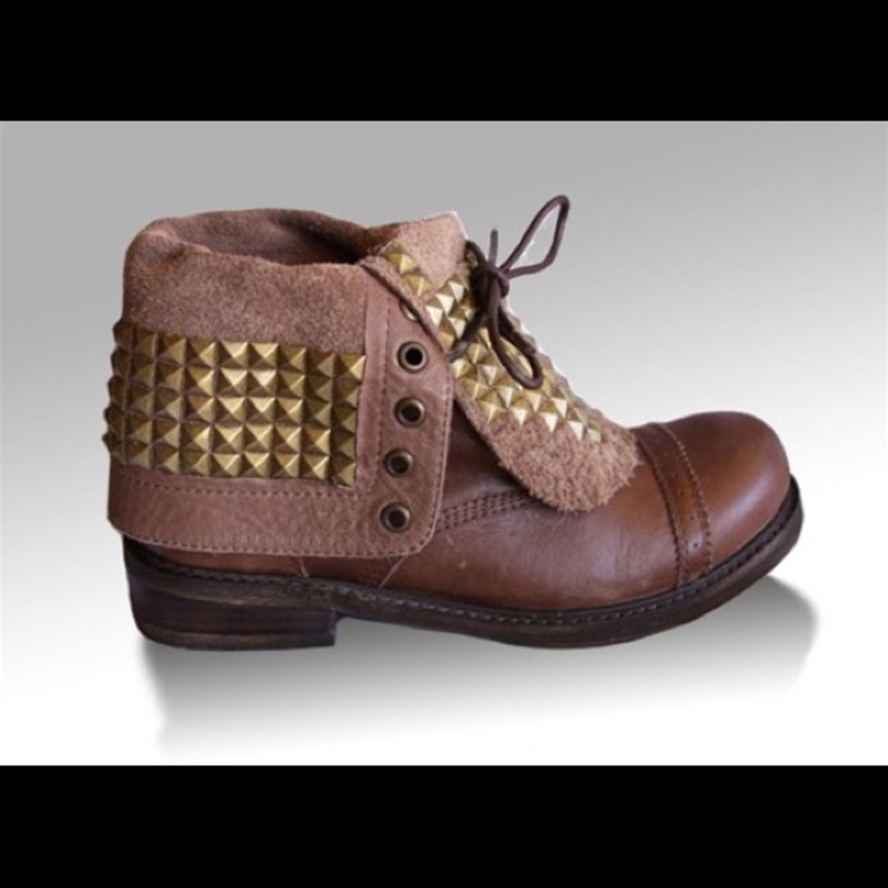 Studded Chestnut Foldover Leather Combat Boots